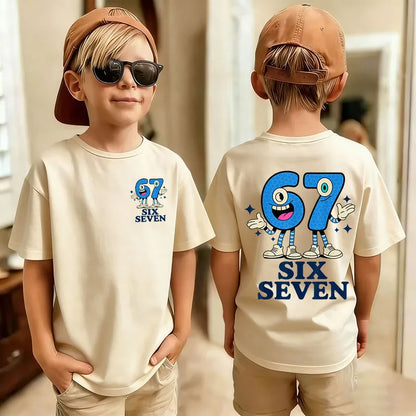 Six Seven Kids T-Shirt with Funny 67 Number Graphic, Short Sleeve Summer Top for Boys and Girls, Casual Playdate Outfits and Birthday Fan Gifts