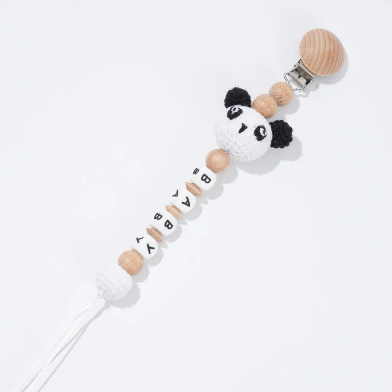 Custom Name Pacifier Clip with Crochet Animal Detail, Beech Wood Holder and Letter Beads, Personalized Baby Shower Gift for Everyday Outings