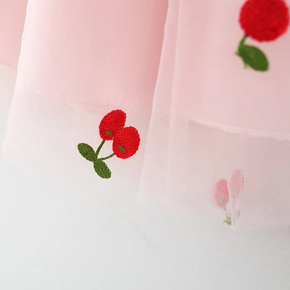 Baby Girl Cherry Dress, Pink or White Layered Skirt with Blue Ruffle Shoulder Straps and Front Bow for Summer Parties and Birthday Photos