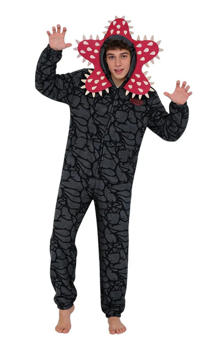 Demogorgon Costume for Kids and Adults, Black Flannel Monster Hooded Jumpsuit with Flower Face Design for Halloween Parties and Cosplay