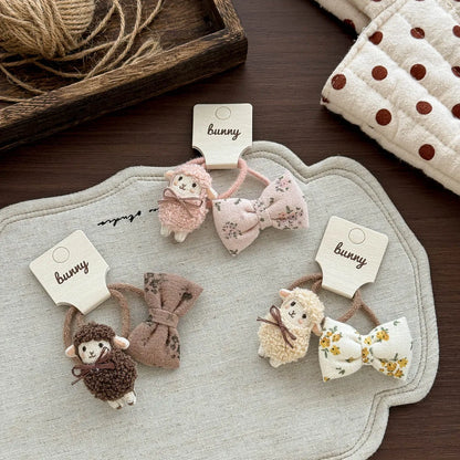 Sheep and Bow Hair Ties for Girls, 2-Piece Elastic Ponytail Holder Set with Cute Animal Detail in Beige, Coffee or Pink for Everyday Hairstyles