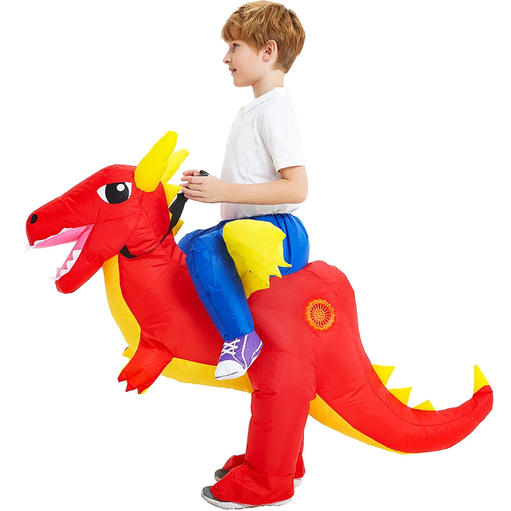 Inflatable Dinosaur Costume for Kids, Ride-On Style Dress-Up Outfit with Fan for Halloween, Birthday Parties and Holiday Cosplay