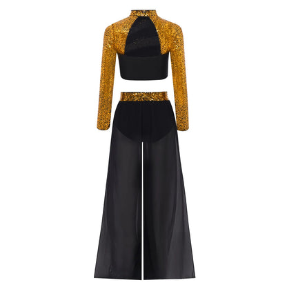 Girls Lyrical Dance Costume Set with Mock Neck Sparkle Top and Wide Leg Pants, Chiffon Overlay and Sleeveless Styles for Recitals and Stage Performances