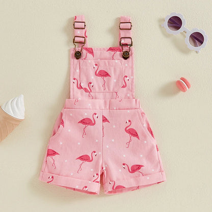 Girls Flamingo Denim Short Overalls in Pink with Adjustable Straps, Bib Pocket and Rolled Hems for Summer Outings, Birthdays and Photos