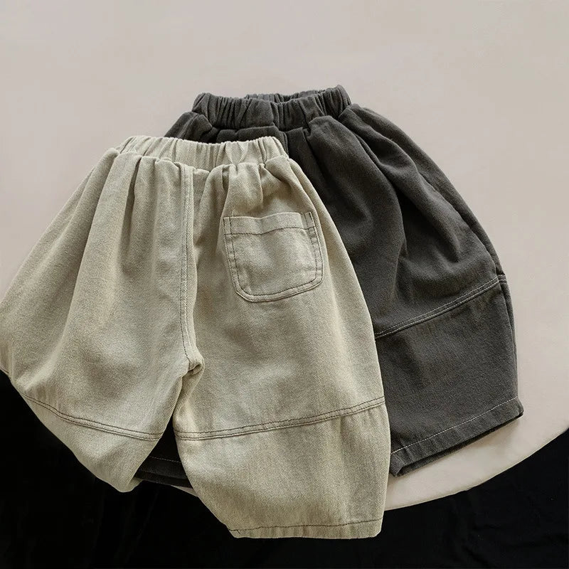 Toddler Wide Leg Pants with Elastic Waist and Stitched Patch Pockets, Apricot or Dark Gray Casual Harem Trousers for Boys and Girls, 12M–6T