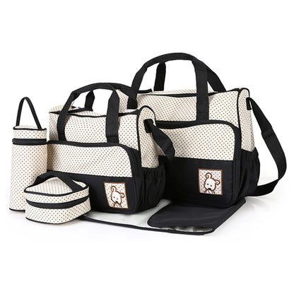 Diaper Bag Set 5 Piece with Polka Dot Design, Large Mommy Tote and Coordinating Storage Bags for Baby Essentials, Daily Outings and Travel