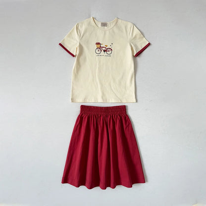 Bicycle Print Sibling Matching Outfits, Cream Girls Dresses and Tops with Red Skirts, Boys Green Shorts and Baby Rompers for Family Photos
