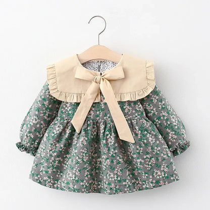 Baby Girl Floral Long Sleeve Dress with Ruffle Collar and Bow, Spring and Fall Outfit for Birthdays and Family Photos, Sizes 9 Months to 3 Years