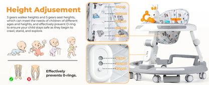 Baby Walker Activity Center in White, 4-in-1 Play Design with 3 Frame Height Settings, 5 Seat Adjustments and Wheeled Base for Indoor Use