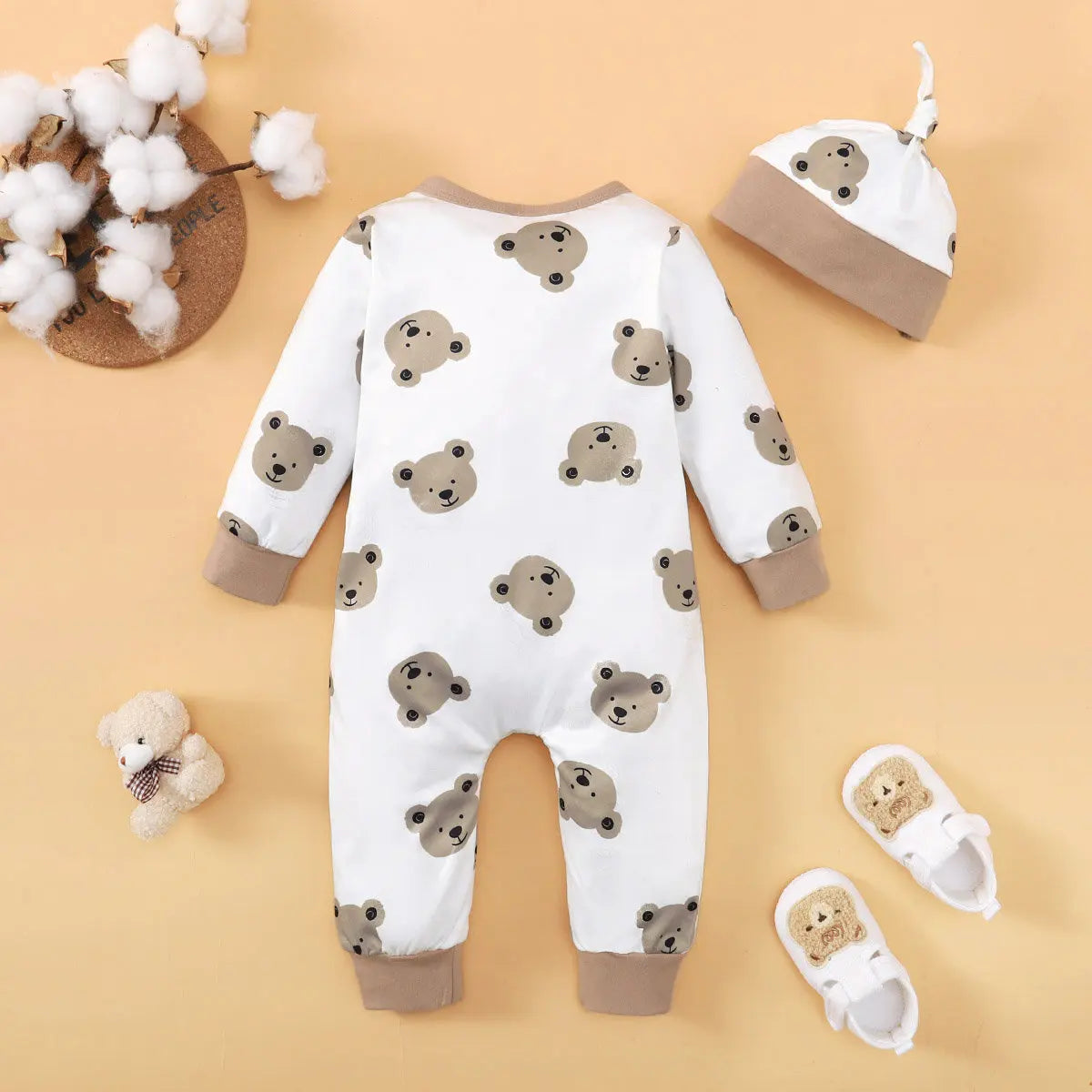 Bear Print Infant Romper with Long Sleeves and Front Fastenings, Contrast Trim and Footless Cuffs for Everyday Baby Outfits, Sizes 1-18 Months