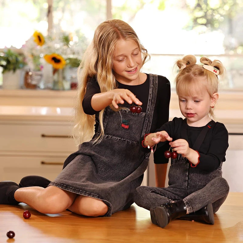 Black Denim Family Matching Outfits with Embroidered Details, Girls Dresses and Skirts, Boys Shirts and Baby Sets for Sibling Photos