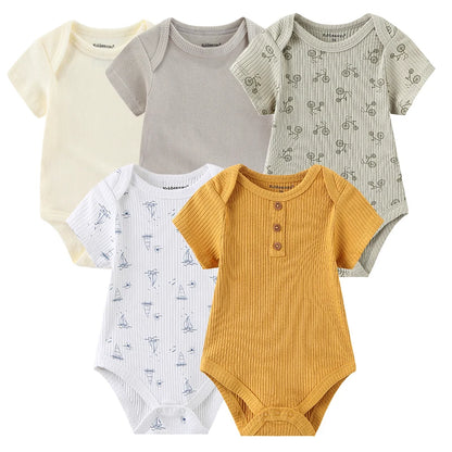 Baby Bodysuit Multipack with Cartoon Prints, Kiddiezoom 5 Short Sleeve One-Piece Outfits with Snap Closures for Boys and Girls, 3M-12M