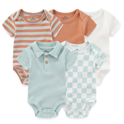 Baby Bodysuit Multipack with Cartoon Prints, Kiddiezoom 5 Short Sleeve One-Piece Outfits with Snap Closures for Boys and Girls, 3M-12M