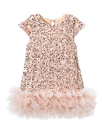 Girls Sequin Party Dress, Short Sleeve Sparkle Dress with Fluffy Mesh Ruffle Hem and Cotton Blend Lining for Birthdays and Holiday Photos, 2T-6T