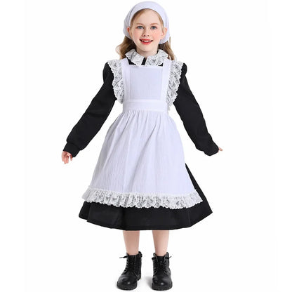 Girls Pioneer Prairie Costume Dress with Apron and Bonnet Options for Colonial School Plays, Historical Dress-Up and Halloween Events