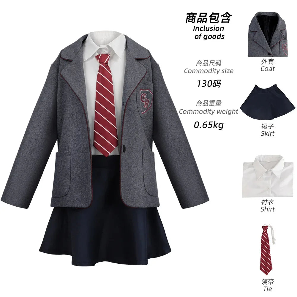 Matilda School Uniform Costume for Girls and Women, Grey Blazer and Dark Skirt with Striped Tie for Musical Cosplay and Halloween Parties