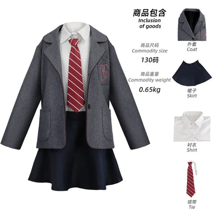 Matilda School Uniform Costume for Girls and Women, Grey Blazer and Dark Skirt with Striped Tie for Musical Cosplay and Halloween Parties