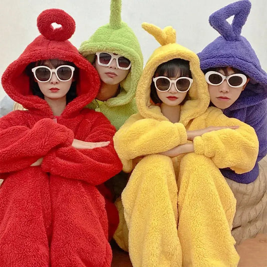 Teletubbies Hooded Onesie Costume for Kids and Adults, Soft Long-Sleeve Character Jumpsuit for Cosplay, Halloween and Family Dress-Up