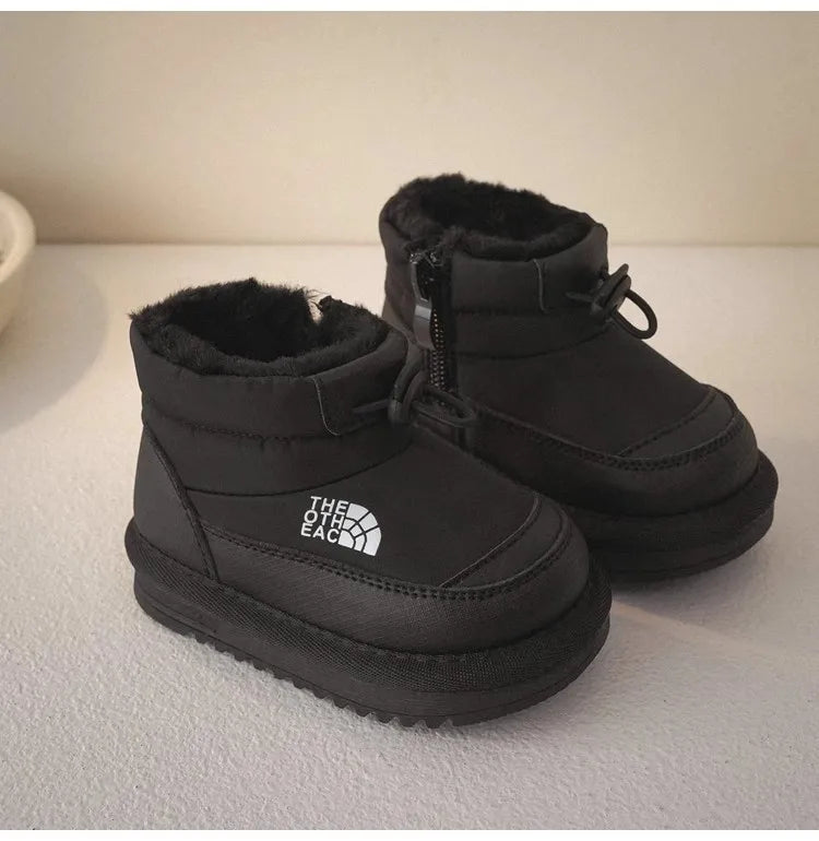 Plush-Lined Kids Snow Boots with Side Zippers and Chunky Platform Soles, Boys and Girls Winter Ankle Boots in Pink, Black and Ivory