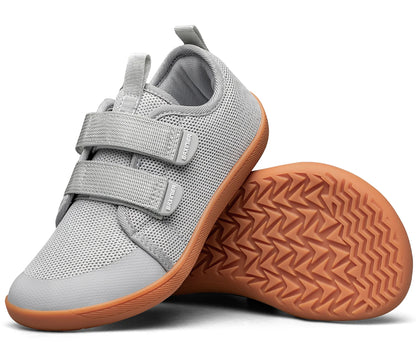 Kids Barefoot-Style Mesh Sneakers with Wide Toe and Double-Strap Fastening, Breathable Knitted Casual Walking Shoes in Gray, Black or Blue for Boys and Girls