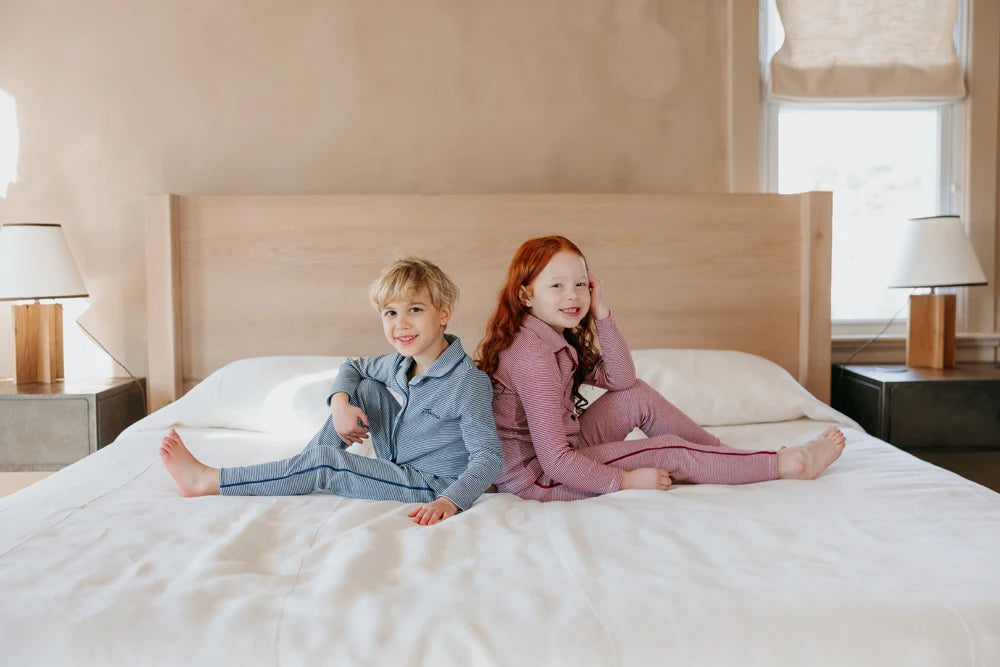 Striped Cotton Kids Matching Outfits with Collared Button Front, Blue and Red Two-Piece Styles, Baby Footie and Dress Options for Sibling Photos