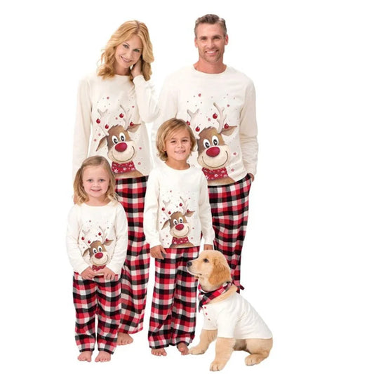 Reindeer Family Matching Pajamas with White Long Sleeve Tops and Red Black Plaid Pants, Christmas Outfits for Mom, Dad, Kids and Baby Size Options