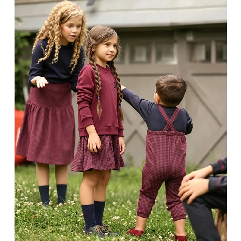 Maroon Gingham Sibling Matching Outfits, Cotton Navy and Burgundy Sweatshirt Dresses, Tops, Jumpers and Baby Rompers for Boys and Girls