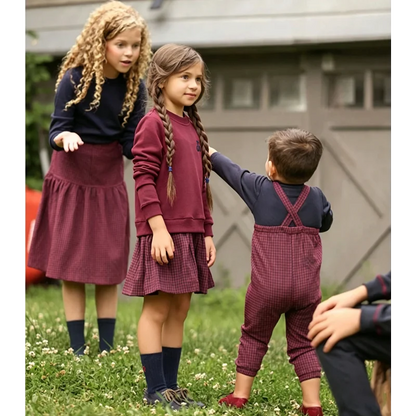 Maroon Gingham Sibling Matching Outfits, Cotton Navy and Burgundy Sweatshirt Dresses, Tops, Jumpers and Baby Rompers for Boys and Girls