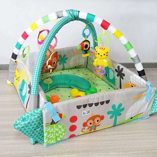 Baby Animal Activity Mat with Overhead Toy Arches and Fabric Sides, 111 x 100 x 54 cm Play Gym in Green or Pink for Supervised Floor Discovery