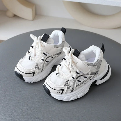 Children Mesh Sports Sneakers with Layered Panels, Lace and Strap Styling for Boys and Girls, Casual Spring and Fall Shoes in Red, Khaki or Black