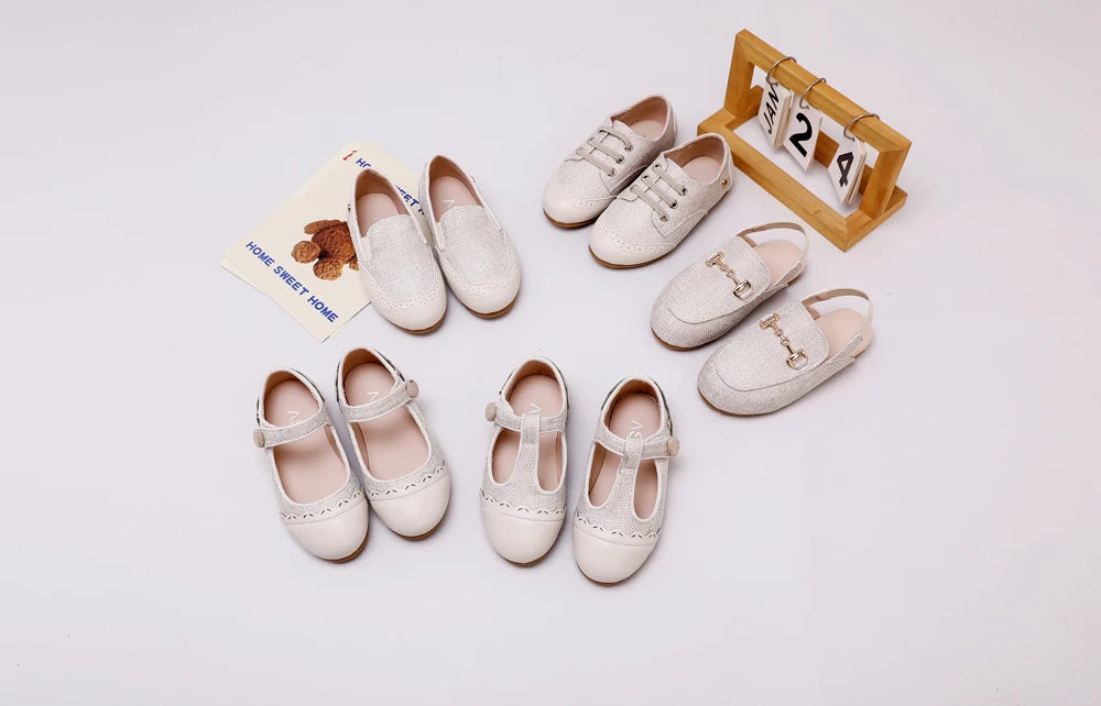 Children Dress Flats in Classic Loafer and T-Strap Styles, Beige Occasion Shoes for Boys and Girls, Weddings, Parties and Family Photos