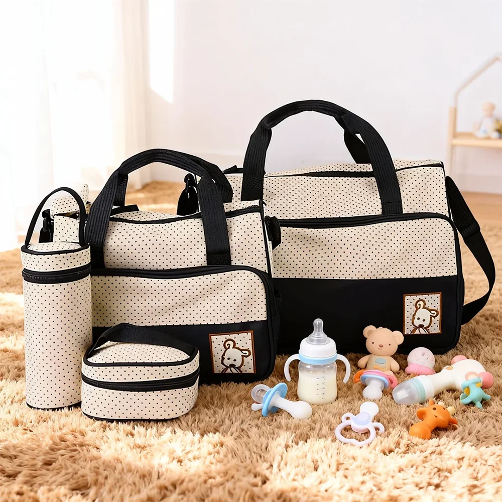 Diaper Bag Set 5 Piece with Polka Dot Design, Large Mommy Tote and Coordinating Storage Bags for Baby Essentials, Daily Outings and Travel