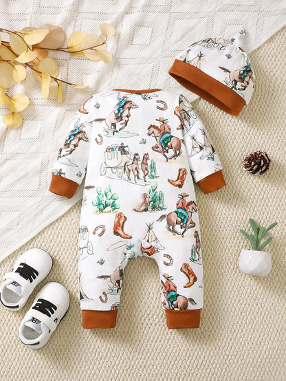 Bear Print Infant Romper with Long Sleeves and Front Fastenings, Contrast Trim and Footless Cuffs for Everyday Baby Outfits, Sizes 1-18 Months