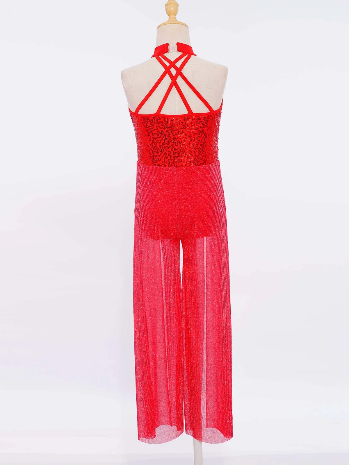 Girls Sequin Dance Jumpsuit with Split Wide-Leg Mesh, Sleeveless Mock Neck and Crisscross Back for Lyrical Recitals and Stage Performances
