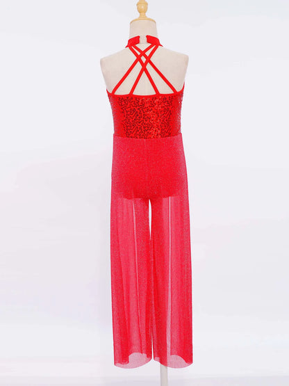 Girls Sequin Dance Jumpsuit with Split Wide-Leg Mesh, Sleeveless Mock Neck and Crisscross Back for Lyrical Recitals and Stage Performances