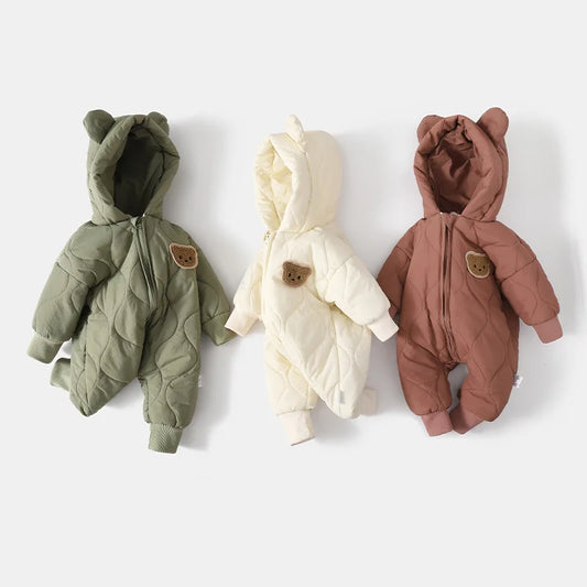 Winter Baby Bear Snowsuit, Quilted Hooded One-Piece with Plush Lining, Front Zipper and Ribbed Cuffs for Infant Boys and Girls