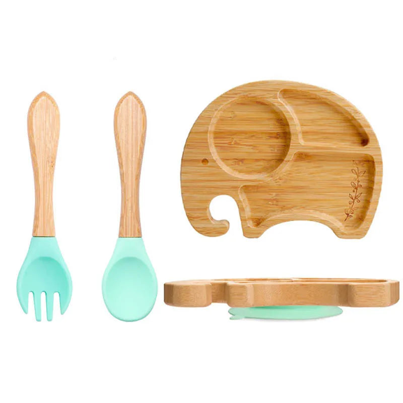 Baby Bamboo Suction Plate Set with Wooden-Handle Spoon and Fork, 3-Piece Cartoon Dinnerware with Divided Elephant Design for Toddler Meals