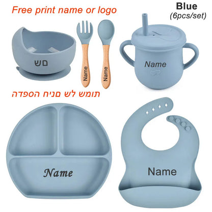 Personalized Baby Feeding Set with Silicone Suction Plate, Bowl, Spoon and Fork, 4-Piece or 6-Piece Tableware Options for Supervised Mealtimes