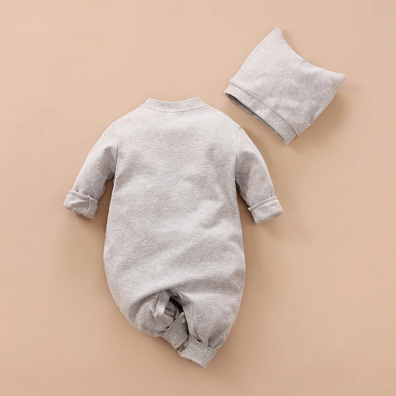 Gray Baby Romper and Hat Set with Cotton Long Sleeve Jumpsuit, Curved Snap Front and White Belly Graphic for Spring and Fall, 0-12M