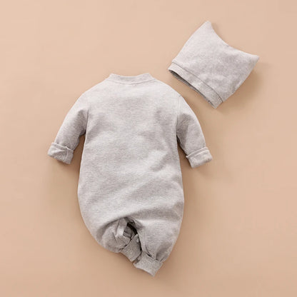 Gray Baby Romper and Hat Set with Cotton Long Sleeve Jumpsuit, Curved Snap Front and White Belly Graphic for Spring and Fall, 0-12M