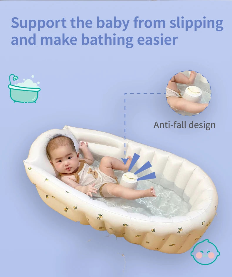 Portable Baby Bath Tub with Built-In Air Pump, Inflatable PVC Bathtub in Animal and Olive Prints for Home Bathing and Family Travel
