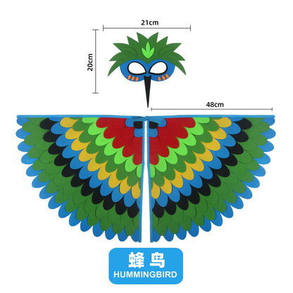 Kids Bird Wings and Mask Costume Set with Layered Felt Feather Cape, Colorful Animal Dress-Up for Halloween, Birthday Parties and Stage Performances