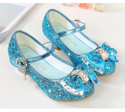 Bow-Accent Glitter Mary Jane Shoes for Girls with Buckled Strap and Block Heel, Sparkling Princess Dress Shoes for Parties and Weddings