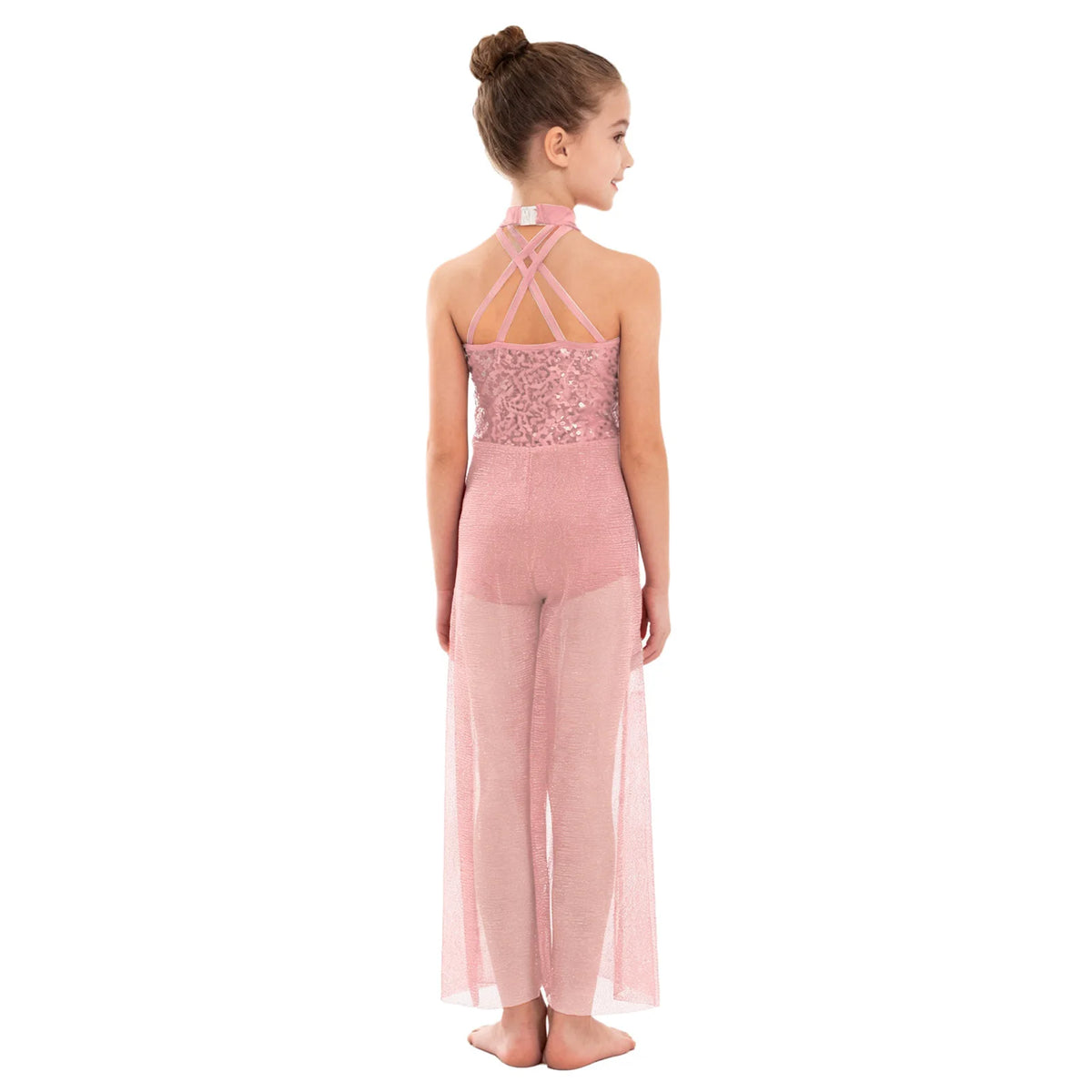 Girls Sequin Dance Jumpsuit with Split Wide-Leg Mesh, Sleeveless Mock Neck and Crisscross Back for Lyrical Recitals and Stage Performances
