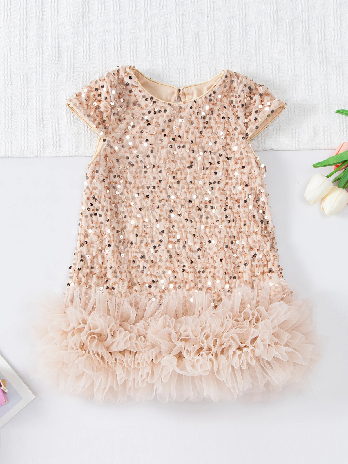 Girls Sequin Party Dress, Short Sleeve Sparkle Dress with Fluffy Mesh Ruffle Hem and Cotton Blend Lining for Birthdays and Holiday Photos, 2T-6T