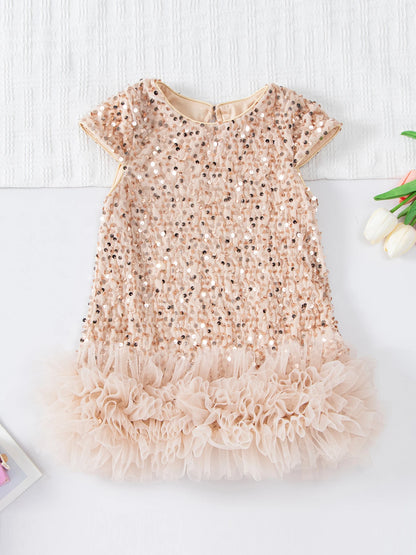 Girls Sequin Party Dress, Short Sleeve Sparkle Dress with Fluffy Mesh Ruffle Hem and Cotton Blend Lining for Birthdays and Holiday Photos, 2T-6T