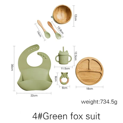 Bamboo Baby Tableware Set with Animal Plate Designs, Bowl, Cup and Wooden-Handle Utensil Options for Supervised Infant and Toddler Mealtimes