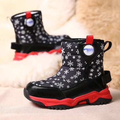 Snowflake Print Kids Winter Boots with Padded Shafts, Pull Tabs and Chunky Tread Soles, Pink Snow-Style Footwear for Boys and Girls