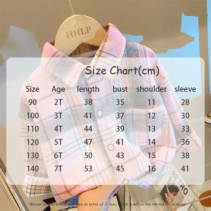 Plaid Kids Long Sleeve Button-Down Shirt with Classic Collar, Retro Casual Layering Top for Boys and Girls, Size Labels 90-150 cm