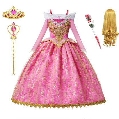 Pink Princess Costume Dress for Girls with Gold-Tone Detailing and Long Sleeves, Aurora-Inspired Party Dress-Up with Selectable Bundle Options
